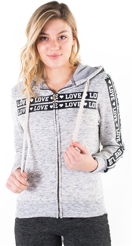 Women's Space Dye, Zip Up Hoodie with "Love" Print and Side Tape Details/