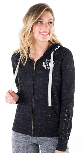 Women's Space Dye, Lace Up Sleeves, Zip Up Hoodie with "Love" Embroidery and Print on Hood