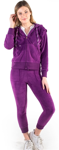Women's Velour Set with Ruffle Shoulder Sleeve