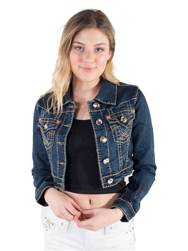 Women's LA Idol Cropped Denim Jacket with Thick Threading and Embellishments