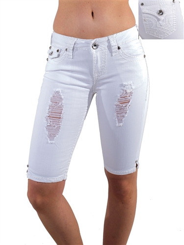 Women's LA Idol Tattered Bermuda Shorts with Thick Threading and Embellishments