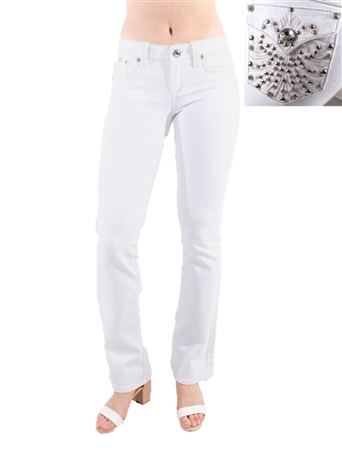 Women's LA Idol White Boot Cut Jeans with Thick Threading and Embellishments