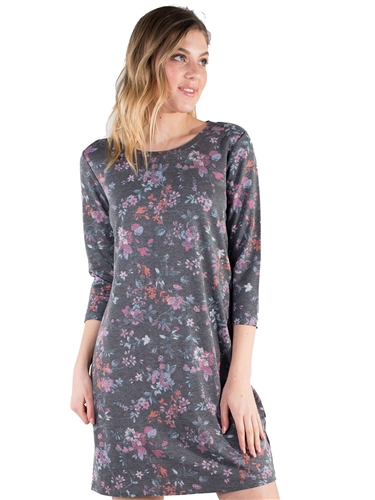 Women's Eyeshadow Floral T Shirt Dress with 3/4 Sleeves