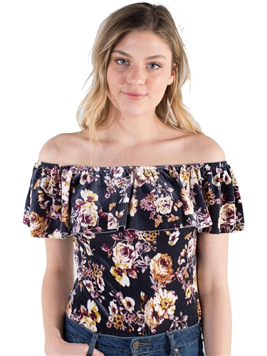 Women's Eyeshadow All Over Floral Printed Flounce Off Shoulder Bodysuit