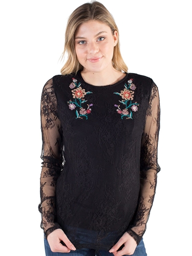 Women's Daytrip by Eyeshadow Lace Mesh With Floral Embroidery Layer Top