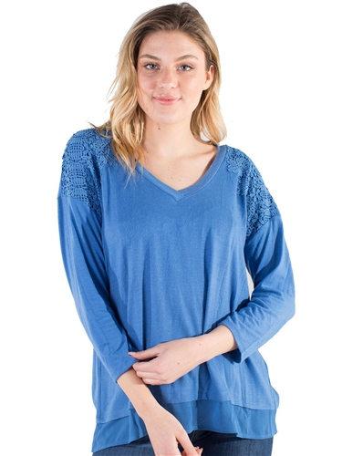 Women's Eyeshadow Sweater with Embroidery on Shoulders and Mock Layer