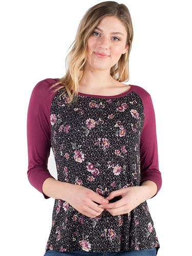 Women's Eyeshadow Floral Printed Baseball Tee with Shirttail/