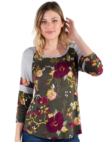 Women's Eyeshadow Floral Printed Baseball Tee with Shirttail/