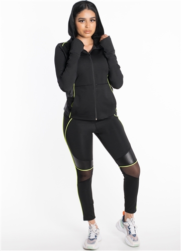 Women's Active Set Jacket with Hood and Leggings with Mesh and Liquid Finish Contrast Effect