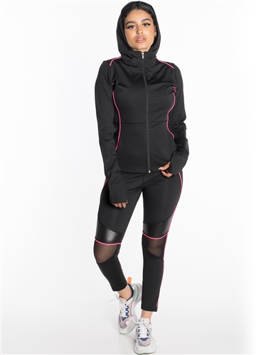 Women's Active Set Jacket with Hood and Leggings with Mesh and Liquid Finish Contrast Effect