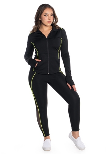 Women's Active Set Jacket with Hood and Leggings with Mesh and Accent Contrast Effect