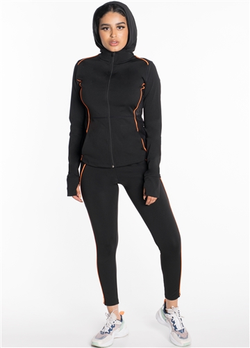 Women's Active Set Jacket with Hood and Leggings with Mesh and Accent Contrast Effect