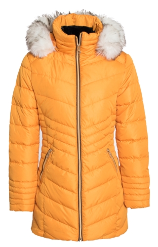 Women's Mid-Length Puffer Jacket with Detachable Faux Fur Hood