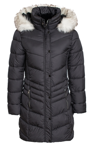 Women's Mid Length Puffer Jacket with Snap Button Closure, Detachable Faux Fur Hood