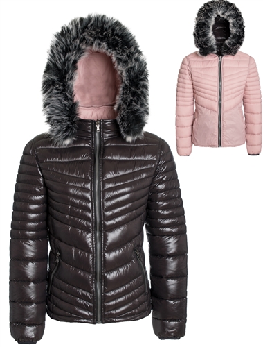 Women's High Shine Reversible Puffer Jacket with Detachable Hood