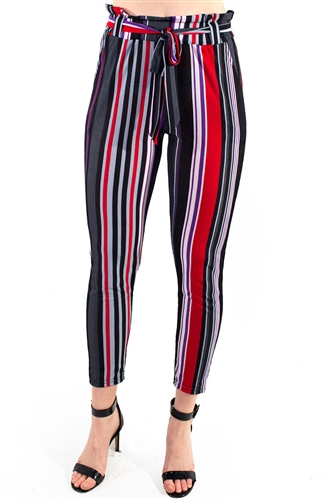 Women's Striped  Trouser Pants with Removable Self Tie Sash
