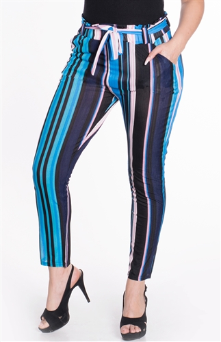Women's Striped  Trouser Pants with Removable Self Tie Sash