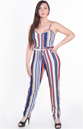 Women's Striped Sleeveless Jumpsuit with Belt Sash