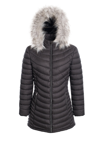 Women's Mid Length Puffer Jacket with Detachable Faux Fur Hood