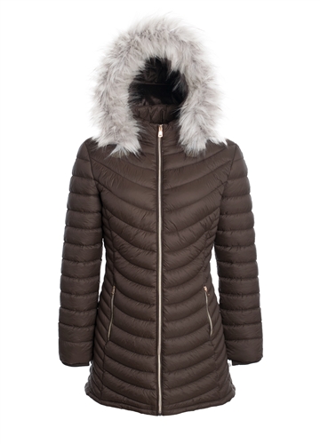 Women's Mid Length Puffer Jacket with Detachable Faux Fur Hood