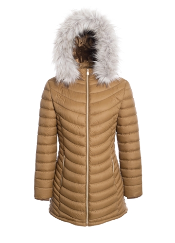 Women's Mid Length Puffer Jacket with Detachable Faux Fur Hood