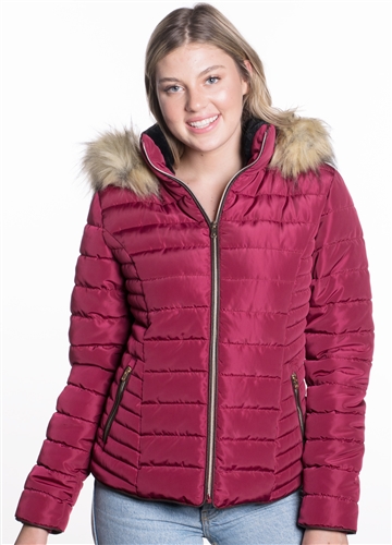 Women's High Collar Jacket with Faux Fur Lining and Stretchable Side Gathering
