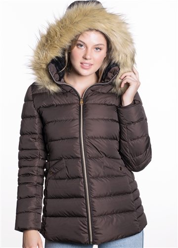 Women's Mid Length Puffer Jacket with Vegan Leather Piping and Detachable Hood