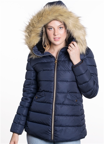 Women's Mid Length Puffer Jacket with Vegan Leather Piping and Detachable Hood