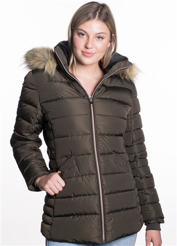 Women's Mid Length Puffer Jacket with Vegan Leather Piping and Detachable Hood