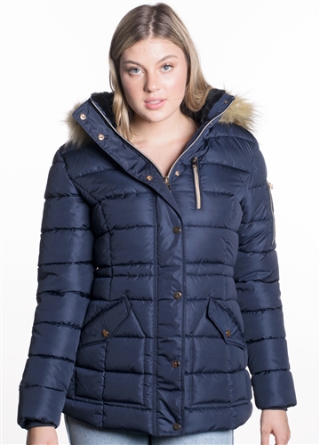 Women's Mid Length Puffer Jacket with Snap Button Closures and Detachable Hood