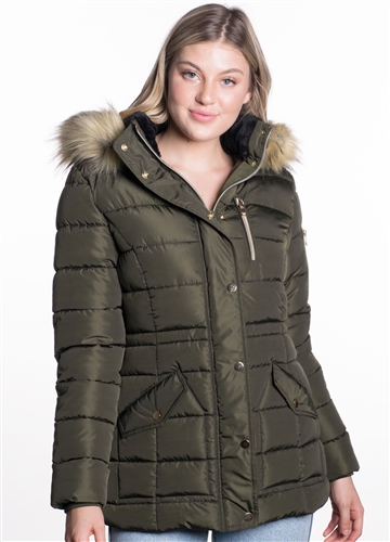 Women's Mid Length Puffer Jacket with Snap Button Closures and Detachable Hood