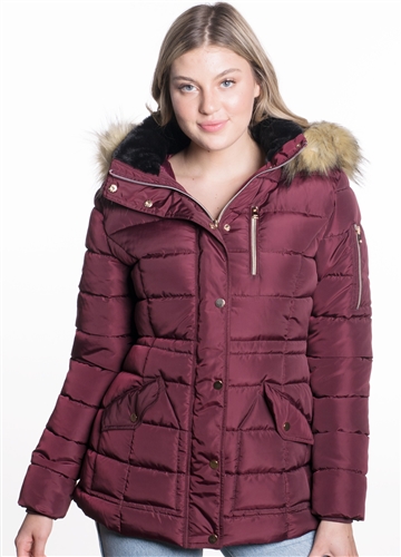 Women's Mid Length Puffer Jacket with Snap Button Closures and Detachable Hood