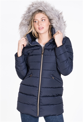 Women's Mid- Length Puffer Jacket with Detachable Hood and Vegan Leather Piping