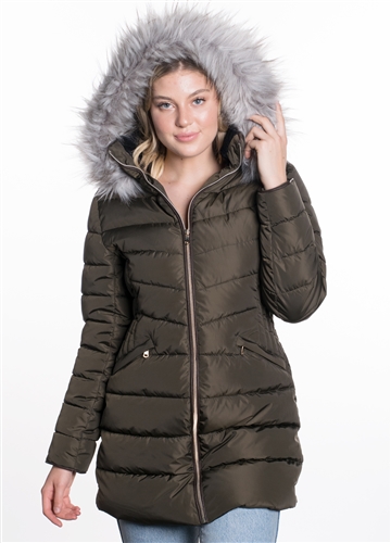 Women's Mid- Length Puffer Jacket with Detachable Hood and Vegan Leather Piping