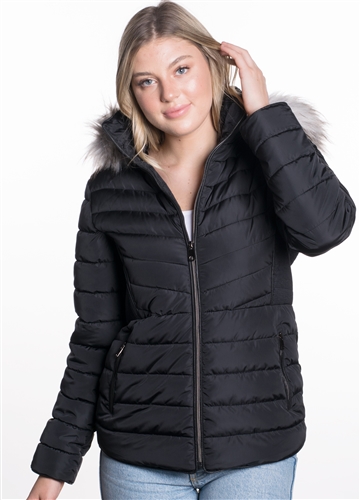 Women's Puffer Jacket with Detachable Faux Fur Hood, Vegan Leather Piping and Side Gathering