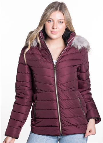 Women's Puffer Jacket with Detachable Faux Fur Hood, Vegan Leather Piping and Side Gathering