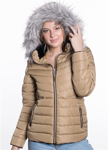 Women's Puffer Jacket with Detachable Faux Fur Hood, Vegan Leather Piping and Side Gathering