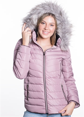 Women's Puffer Jacket with Detachable Faux Fur Hood, Vegan Leather Piping and Side Gathering