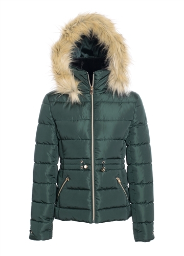 Women's Puffer Jacket with Elasticized Drawstring Waist and Detachable Hood/