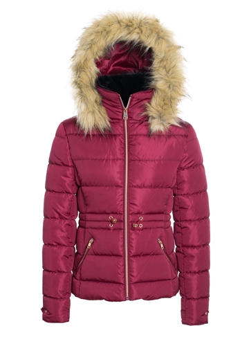 Women's Puffer Jacket with Elasticized Drawstring Waist and Detachable Hood/