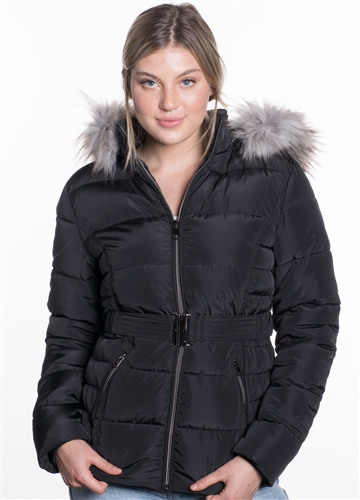 Women's Belted Puffer Jacket with Detachable Faux Fur Hood