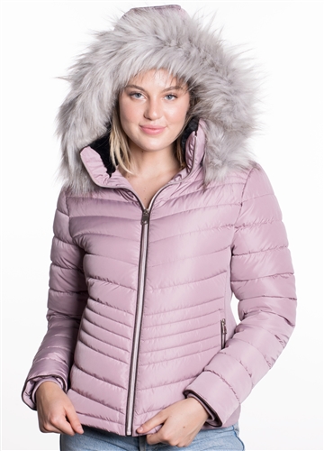 Women's Puffer Jacket with Detachable Faux Fur Hood, Vegan Leather Piping and Side Gathering