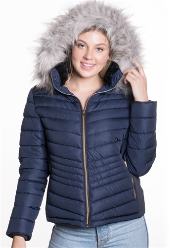 Women's Puffer Jacket with Detachable Faux Fur Hood, Vegan Leather Piping and Side Gathering