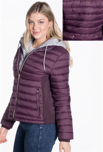 Ladies Melange Flacket Faux Fur Lined Jacket w/ Removable Hood, Elastic Side Gathering By Special One