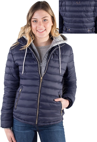 Ladies Melange Flacket Faux Fur Lined Jacket w/ Removable Hood, Packable & Elastic Side Gathering By Special One