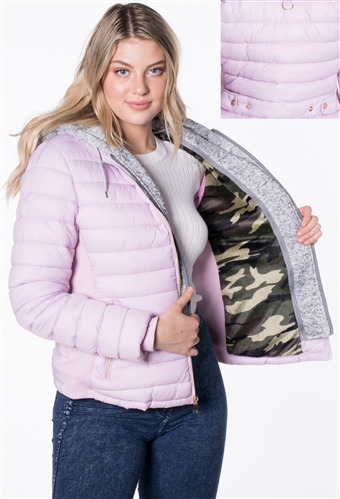 Ladies Melange Flacket Faux Fur Lined Jacket w/ Removable Hood, Elastic Side Gathering By Special One