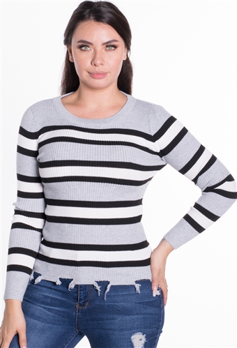 Women's Ribbed Striped Sweater Top with Tattered Hem