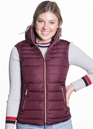 Ladies High Collar Quilted Vest with Faux Fur Inner Collar and Body Lining and Stretchable Side Gathering