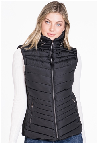 Ladies High Collar Quilted Vest with Faux Fur Inner Collar and Body Lining and Stretchable Side Gathering