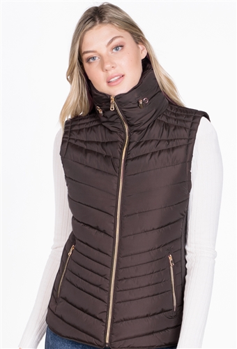 Ladies High Collar Quilted Vest with Faux Fur Inner Collar and Body Lining and Stretchable Side Gathering